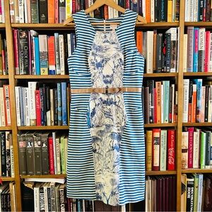 Tracy Reese NWT Blue Cream Stripe Combo Sculpted Body Con Faux Belt Dress Sz 10